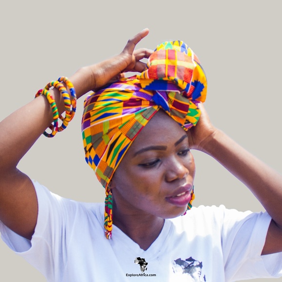 Matching Set: Africa Kente HeadWrap & XL Earring-7 - Picture 5 of 6